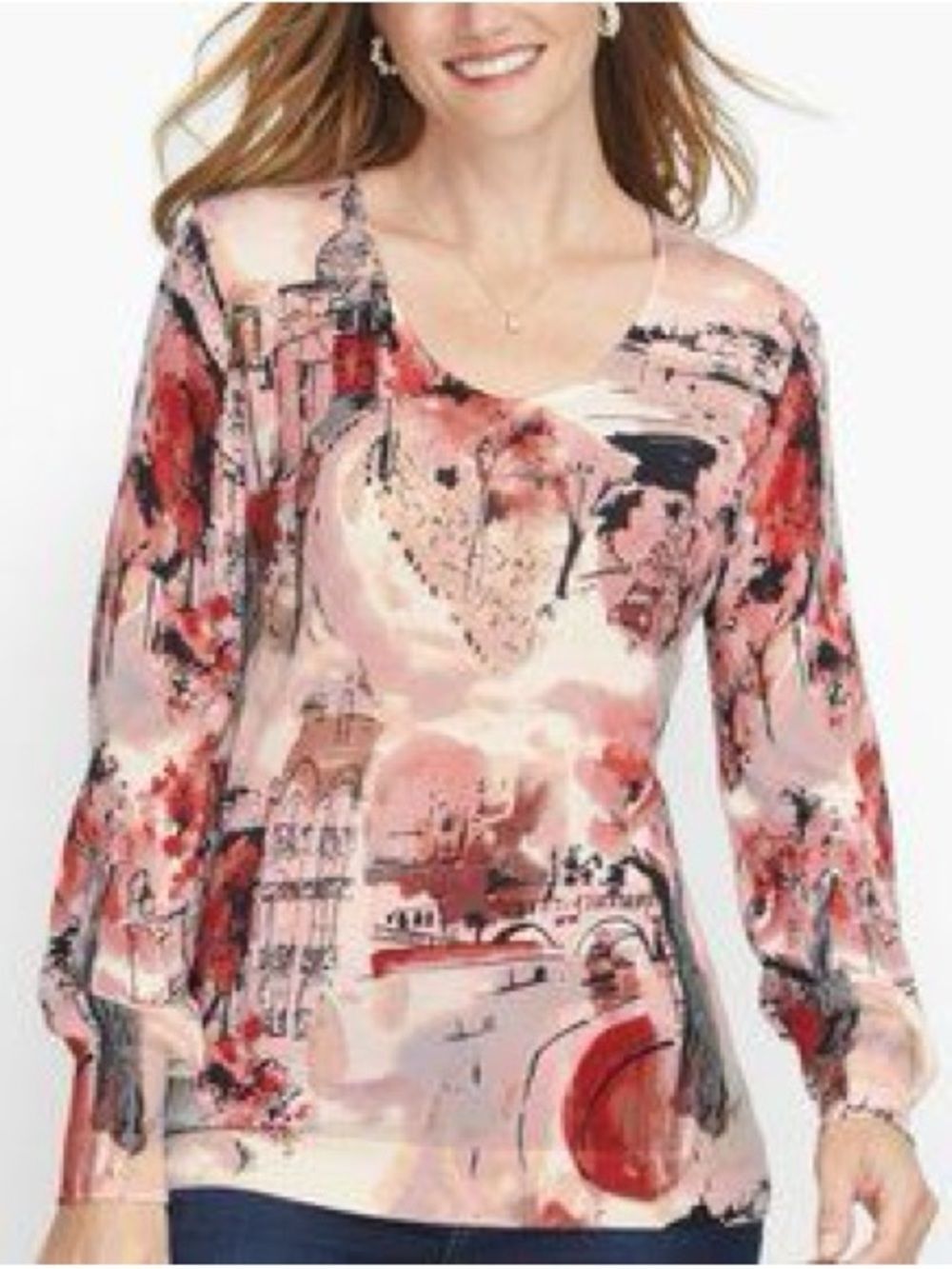 Talbots Pure Wool Art to Wear City Scape Sketch Scene Artsy V Neck Long Sleeve